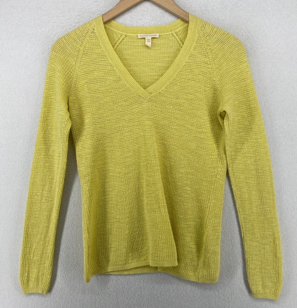 EILEEN FISHER Sweater 2XS Organic Linen Cotton Slub Long Sleeve Pullover Yellow